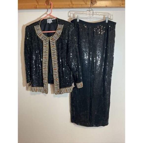 Stenay M Silk Sequin Black Blazer Skirt Combo Beaded Vintage Swinger Flapper - Picture 7 of 14